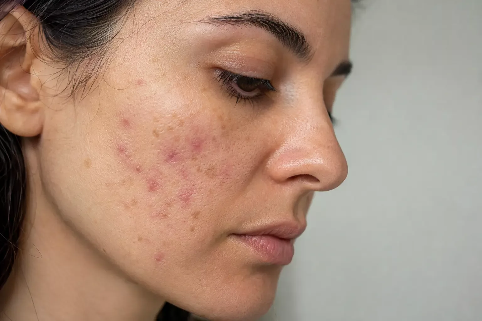 Red and brown post-acne marks can look similar at first glance, but they involve different skin targets. Illustrative image.